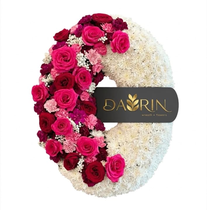 Fresh flower wreath, white with deep pink and red accents